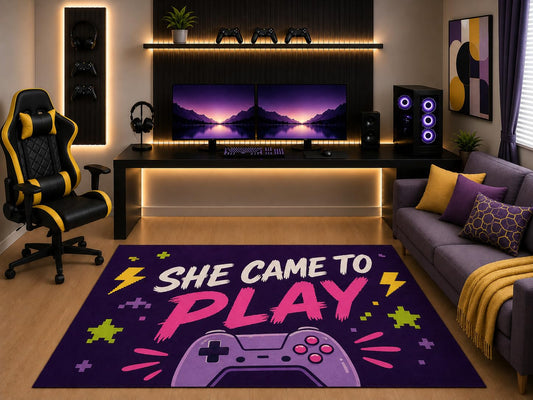 ICE ARMOR "Ultra Light Weight 5' x 7' She Came to Play Gaming Area Rug Pink Purple Controller Graphic for Girls Teen Bedroom Game Room Playroom Non-Slip Silicone Backing Low Pile