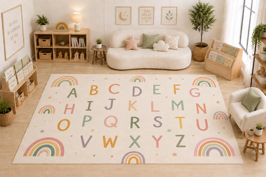 ICE ARMOR Large 6'7" x 9'10" Alphabet Rainbow Learning Area Rug for Kids Room, Classroom, Bedroom, Playroom Decor, Soft Low Pile Indoor Rug with Non-Slip Silicone Backing, Cream Multicolor