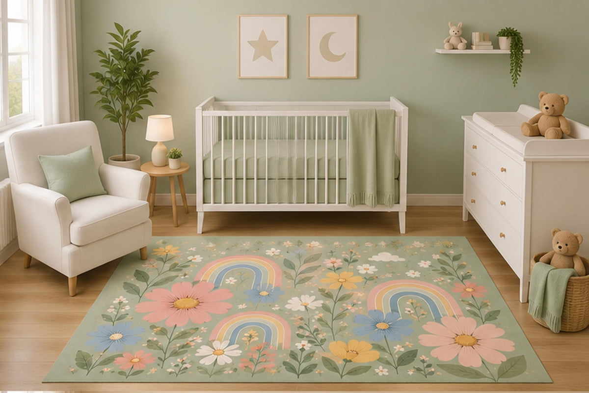 ICE ARMOR 5' x 7' Pastel Rainbow Floral Area Rug for Nursery Room, Botanical Wildflower Garden Design, Baby Bedroom Playroom Decor, Non-Slip Silicone Backing Low Pile