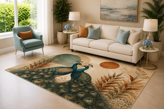 ICE Armor 6'7" x 9'10" Peacock Botanical Area Rug for Living Room, Soft Low Pile Indoor Rug with Non-Slip Silicone Backing, Large Decorative Carpet for Bedroom, Dining Room and Office, Multicolored