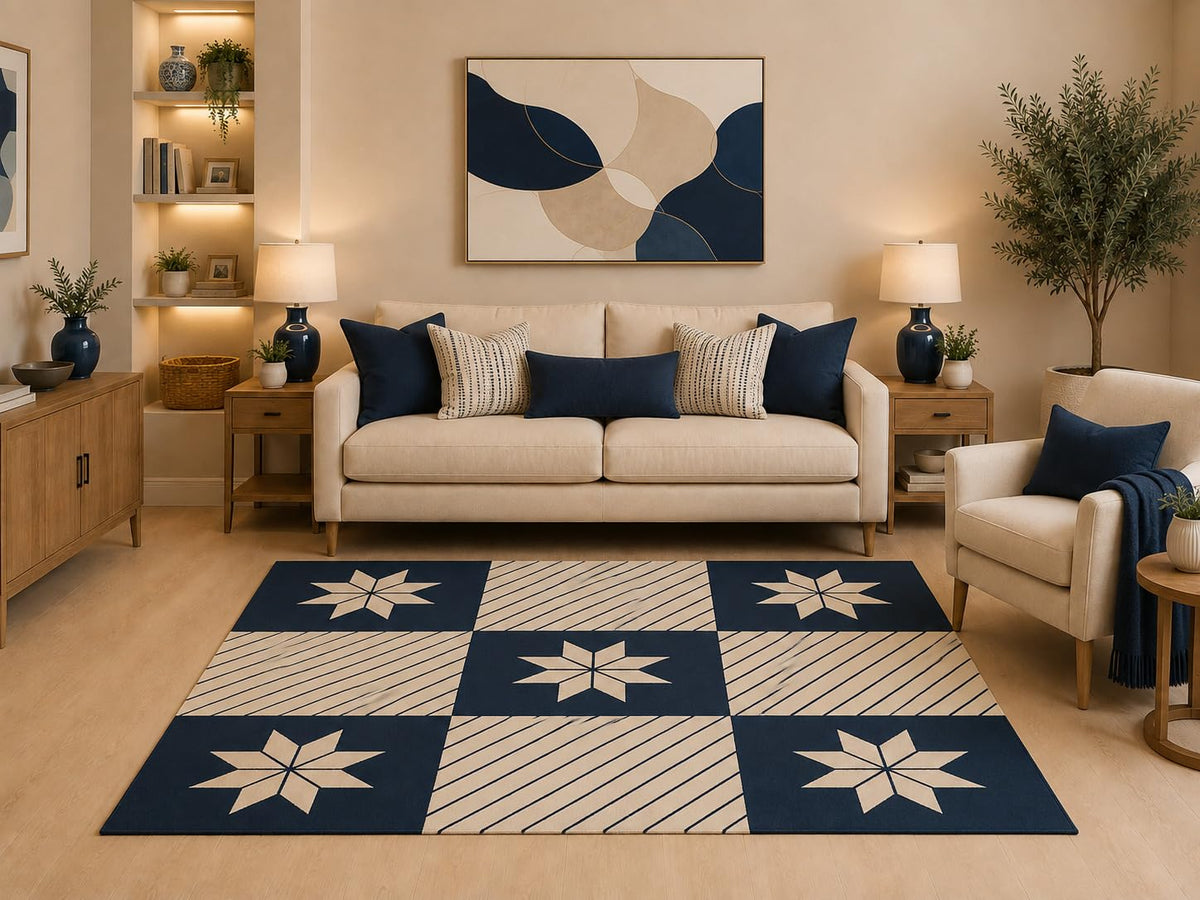 ICE ARMOR "Ultra Light Weight 5' x 7' Scandinavian Nordic Star Area Rug Navy Blue Cream Geometric Patchwork Stripe Pattern for Living Room Bedroom Non-Slip Silicone Backing Low Pile