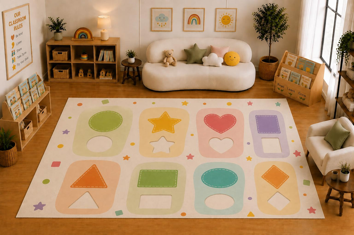 ICE ARMOR Large 6'7" x 9'10" Shape Matching Learning Activity Area Rug for for Kids Room, Classroom, Bedroom, Playroom Decor, Soft Low Pile Indoor Rug with Non-Slip Silicone Backing, Cream Pastel