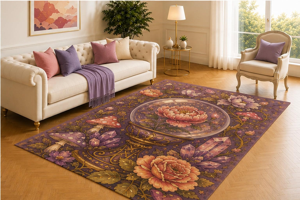 ICE ARMOR 5' x 7' Crystal Peony Fortune Rug, Purple Botanical Design with Mushrooms and Gemstones, Mystical Floor Accent for Bedroom, Meditation Room or Lounge