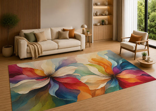 ICE ARMOR 5' x 7' Colorful Floral Area Rug with Non-Slip Silicone Backing Low Pile Soft Carpet for Living Room Bedroom Nursery Abstract Bloom Art Decor