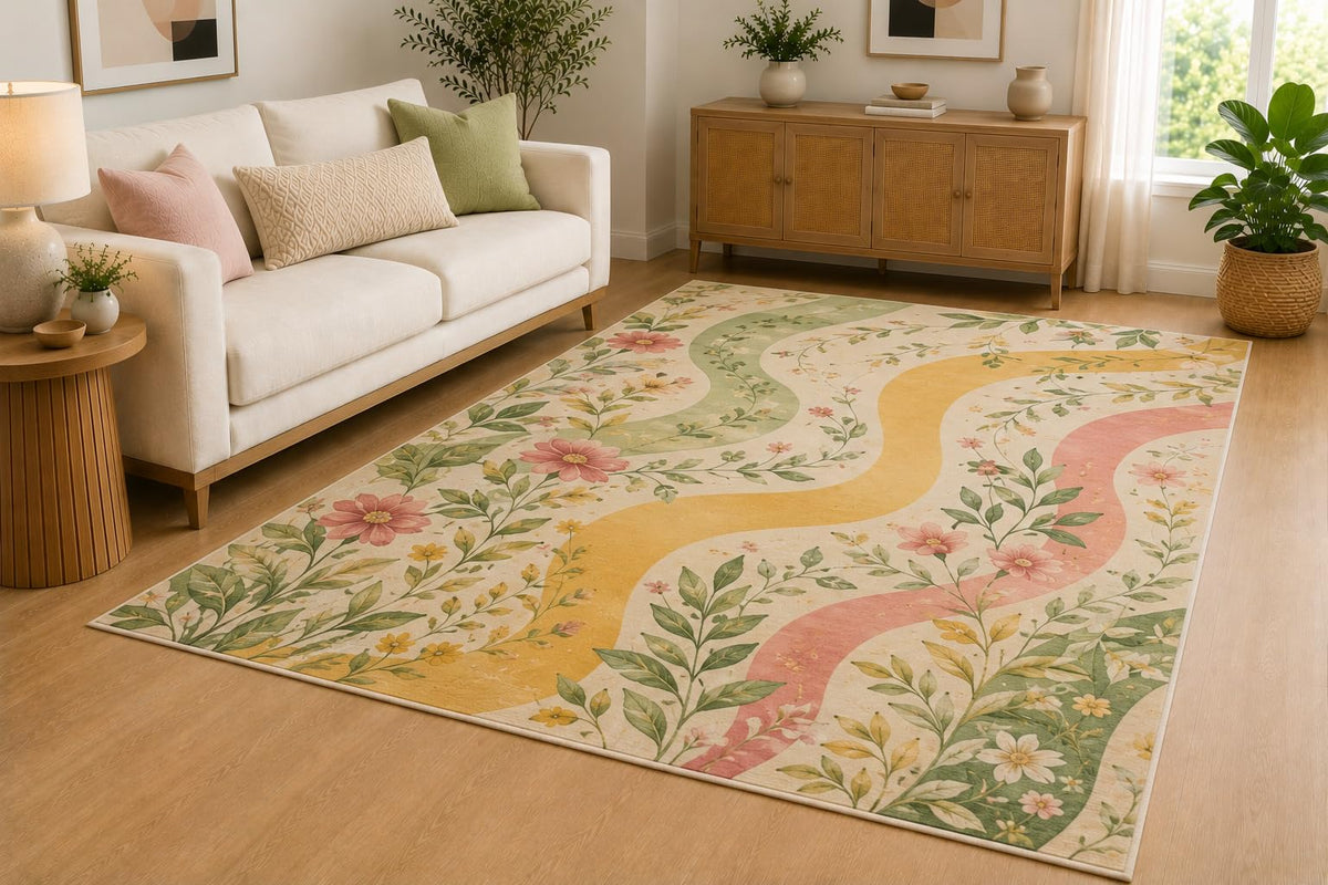 ICE ARMOR 5' x 7' Botanical Garden Wave Area Rug for Living Room, Soft Low Pile Indoor Rug with Non-Slip Silicone Backing, Bedroom, Nursery, Family Room, Yellow Green Pink