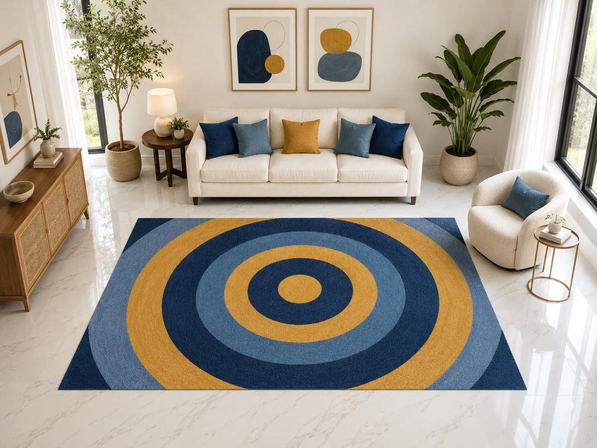 ICE ARMOR "Ultra Light Weight Large 6'7" x 9'10" Blue Mustard Target Rug, Soft Low Pile Indoor Rug, Non-Slip Silicone Backing for Living Room Blue