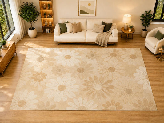 ICE ARMOR "Ultra Light Weight Large 6'7" x 9'10" Soft Daisy Bloom Area Rug for Living Room, Bedroom, Dining Room, Soft Low Pile Non-Slip Backing, Beige Ivory