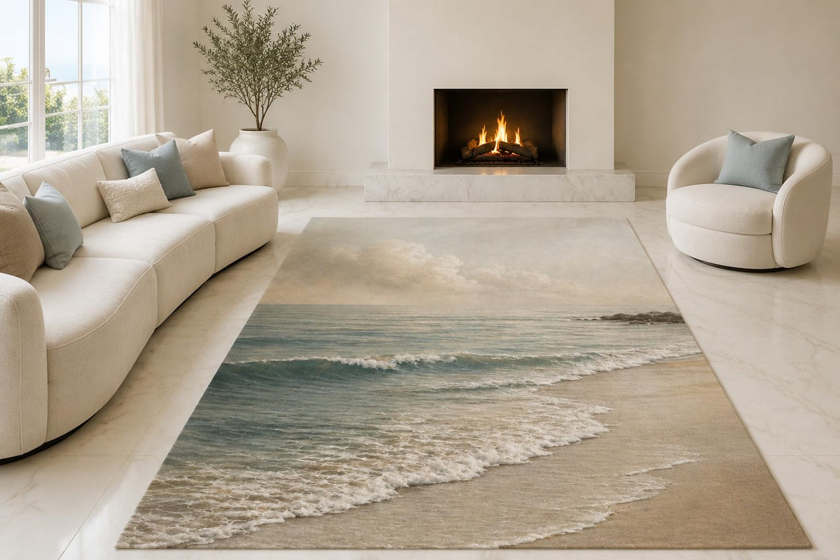 ICE ARMOR "Ultra Lightweight Large 6'7" x 9'10" Peaceful Ocean Shore Area Rug for Living Room, Bedroom and Home Office, Soft Low Pile Carpet with Non-Slip Silicone Backing, Blue and Beige