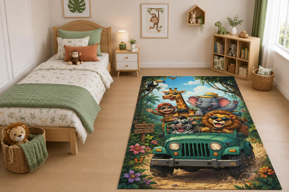 ICE ARMOR "Ultra Light Weight 5' x 7' Safari Animal Jeep Area Rug for Living Room, Bedroom and Home Office, Soft Low Pile Carpet with Non-Slip Silicone Backing, Green and Brown