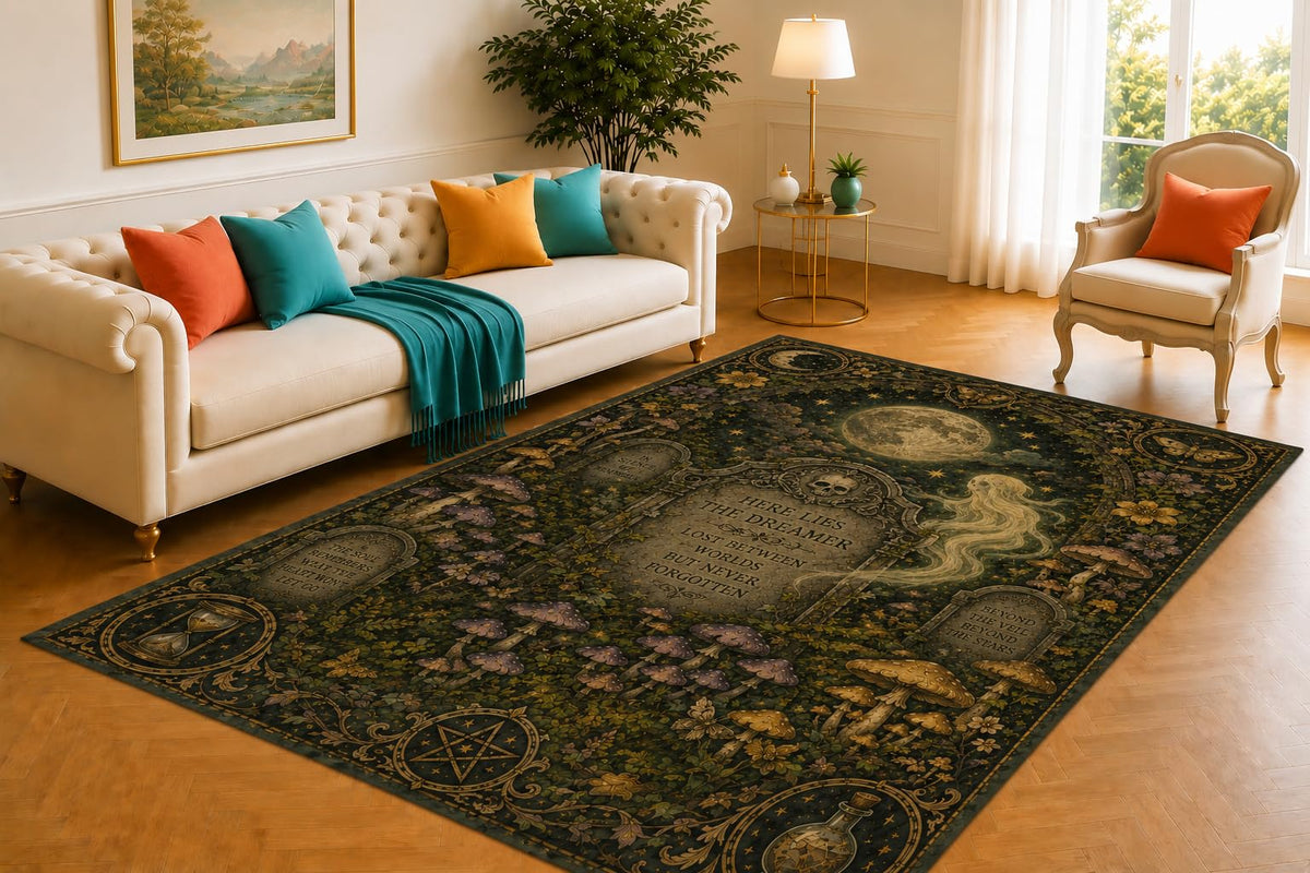 ICE ARMOR 5' x 7' Enchanted Tombstone Rug, Mushroom Moon and Spirit Motif, Smooth Printed Floor Cover for Study, Foyer, Bedroom and Mystical Home Decor
