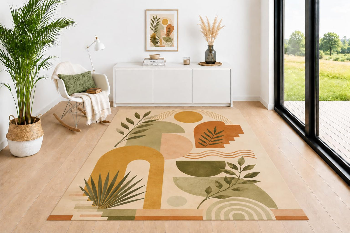 ICE ARMOR 5' x 7' Mid Century Area Rug, Botanical Geometric Shapes with Sage Green Mustard Terracotta Beige Palette, Floor Carpet for Living Room Bedroom Nursery