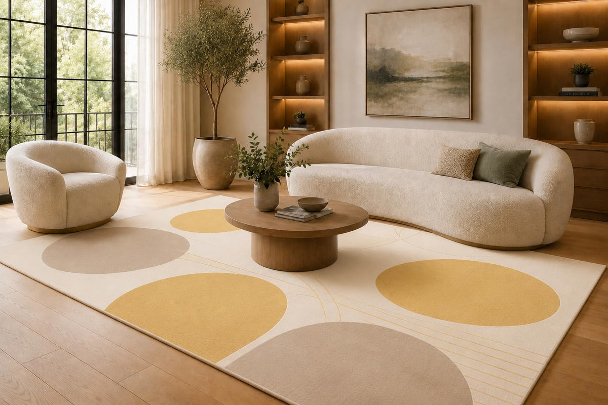 ICE ARMOR Large 6'7" x 9'10" Cream, Beige and Yellow Arches Area Rug for Living Room, Soft Low Pile Carpet with Non-Slip Silicone Backing, Floor Decor for Bedroom, Dining Area and Home Office