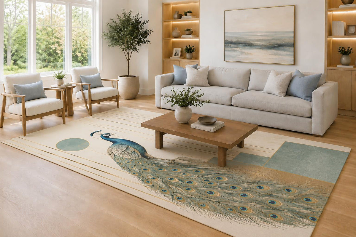 ICE ARMOR Large 6'7" x 9'10" Teal and Ivory Peacock Circle Accent Area Rug for Living Room, Soft Low Pile Carpet with Non-Slip Silicone Backing, Decor for Bedroom, Dining Area and Home Office
