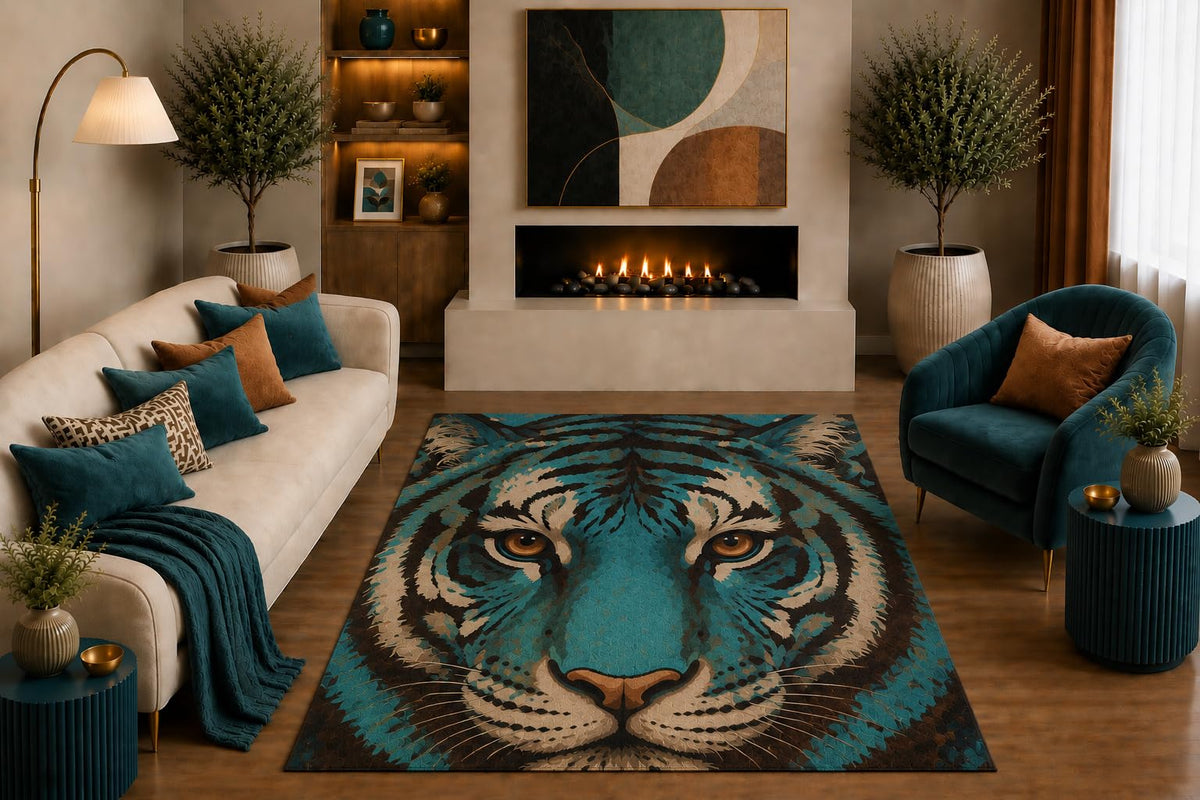 ICE ARMOR "Ultra Light Weight 5' x 7' Blue Tiger Face Area Rug Modern Abstract Wildlife Portrait Art for Living Room Bedroom Office Jungle Decor Non-Slip Silicone Backing Low Pile