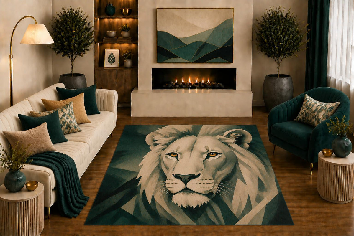 ICE ARMOR "Ultra Light Weight 5' x 7' White Lion Area Rug Modern Geometric Wildlife Portrait Art Teal Beige for Living Room Bedroom Office Cabin Decor Non-Slip Silicone Backing Low Pile