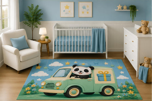 ICE ARMOR 5' x 7' Watercolor Panda Delivery Van Nursery Area Rug, Cute Animal Gift Truck Kids Bedroom Playroom Decor Carpet, Non-Slip Silicone Backing Low Pile