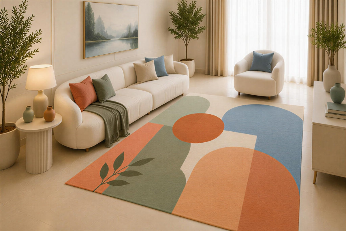 ICE ARMOR 5' x 7' Mid Century Modern Area Rug, Terracotta Blue Sage Geometric Abstract Design for Living Room Bedroom Office, Non-Slip Silicone Backing, Low Pile Carpet