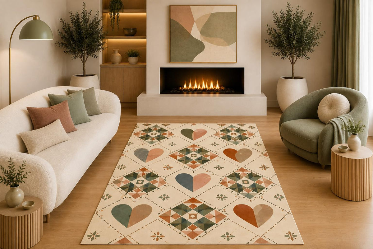 ICE ARMOR 5' x 7' Boho Geometric Area Rug Patchwork Heart Diamond Pattern Cream Sage Terracotta Beige for Living Room Bedroom Dining Room Non-Slip Silicone Backing Low Pile