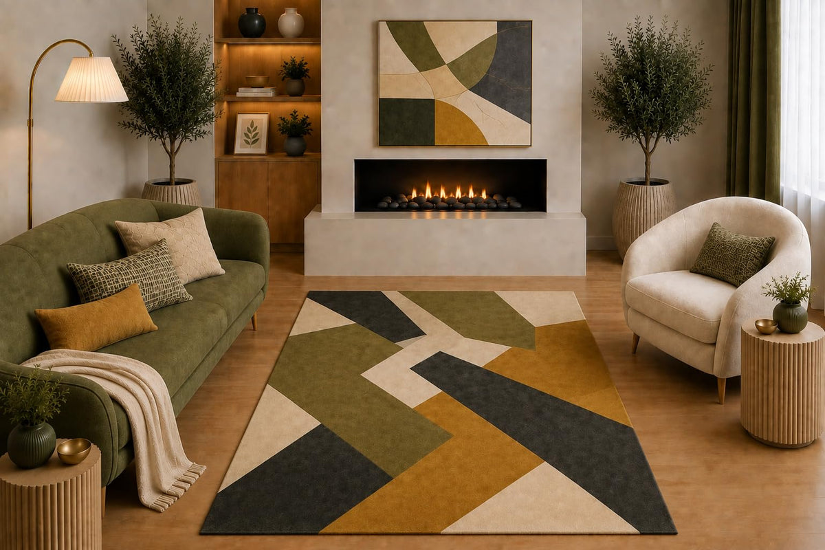 ICE ARMOR "Ultra Light Weight 5' x 7' Modern Abstract Geometric Area Rug Olive Green Mustard Beige Charcoal Contemporary Design for Living Room Bedroom Dining Room Non-Slip Silicone Backing Low Pile