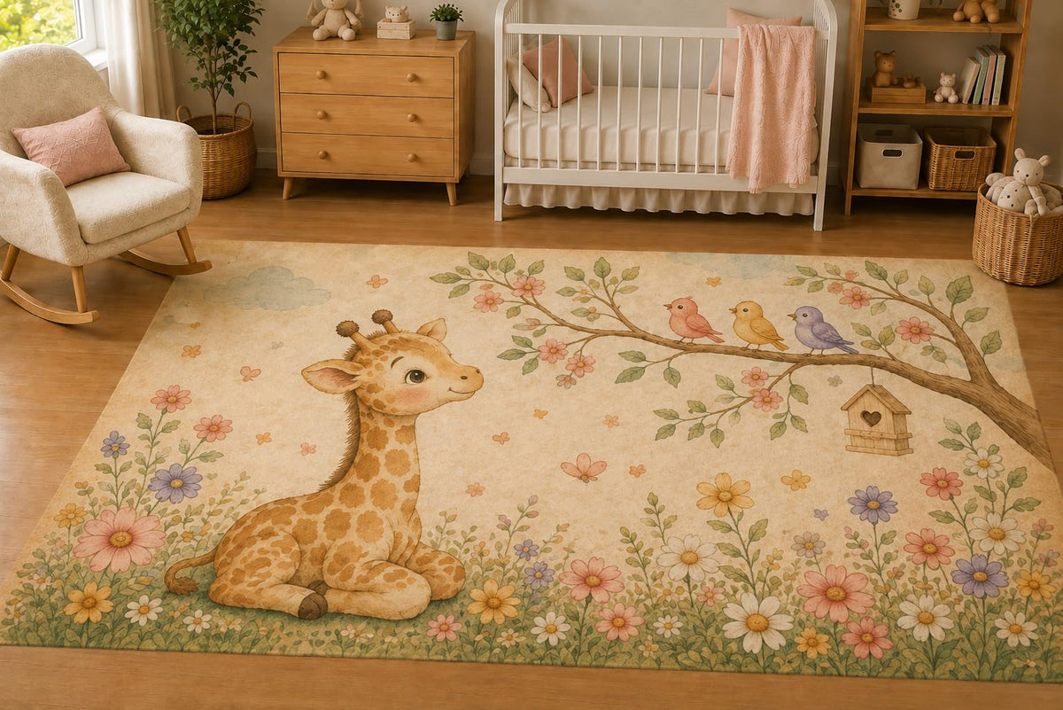 ICE ARMOR 5' x 7' Baby Giraffe and Birds Floral Area Rug for Nursery, Soft Low Pile Indoor Rug with Non-Slip Silicone Backing, Kids Room, Playroom, Kids & Pets, Beige Pastel