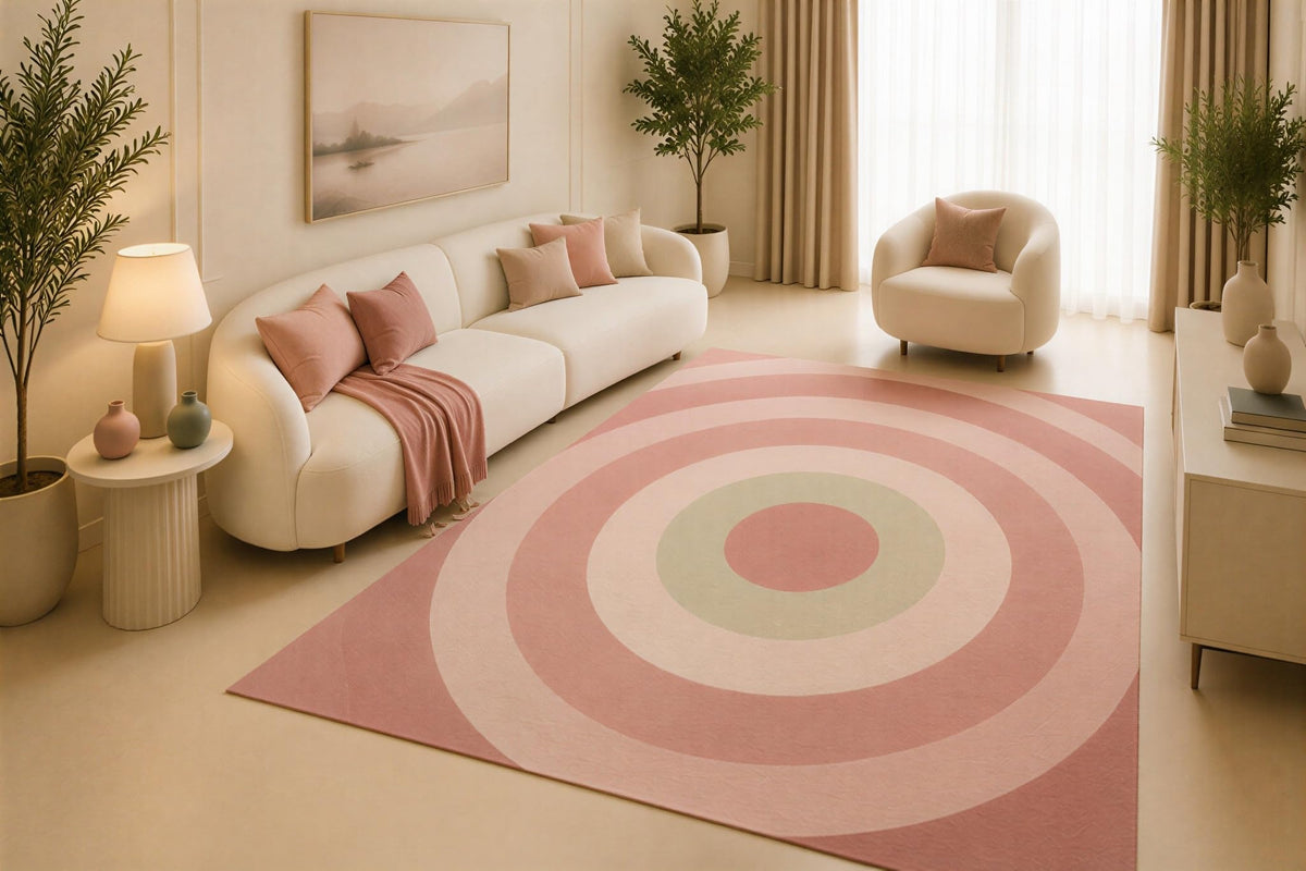 ICE ARMOR 5' x 7' Concentric Circle Area Rug, Pink Beige Modern Geometric Target Pattern for Living Room Bedroom Nursery, Non-Slip Silicone Backing, Low Pile Carpet