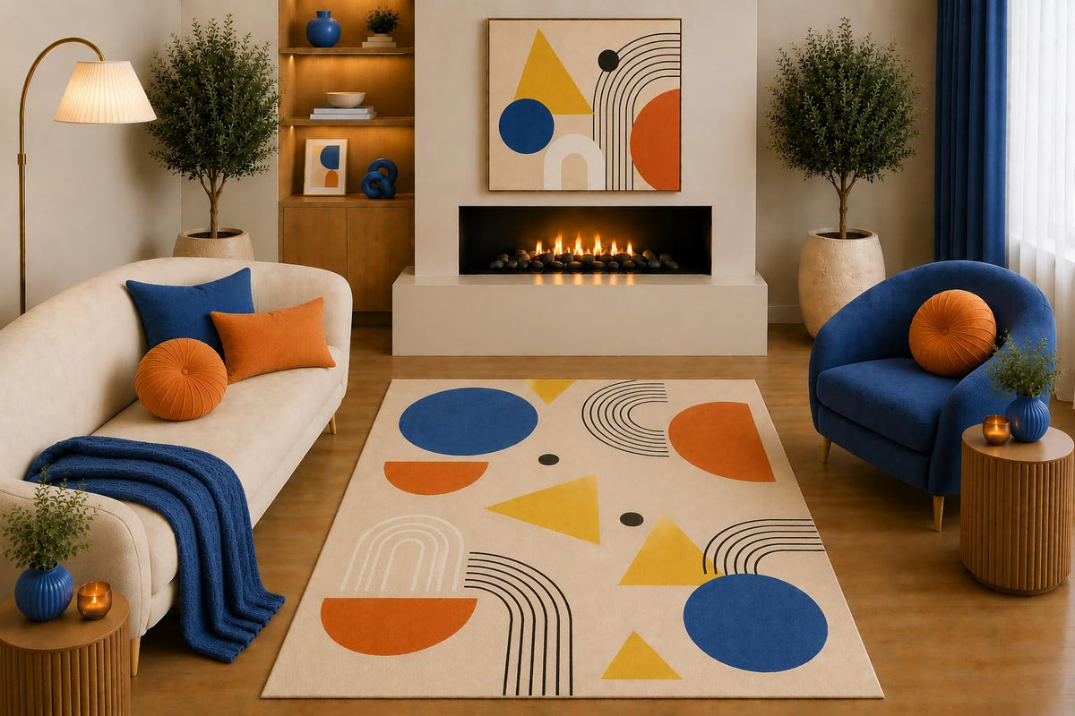 ICE ARMOR "Ultra Light Weight 5' x 7' Mid Century Modern Area Rug Blue Orange Mustard Beige Abstract Geometric Rainbow Design for Living Room Bedroom Playroom Non-Slip Silicone Backing Low Pile