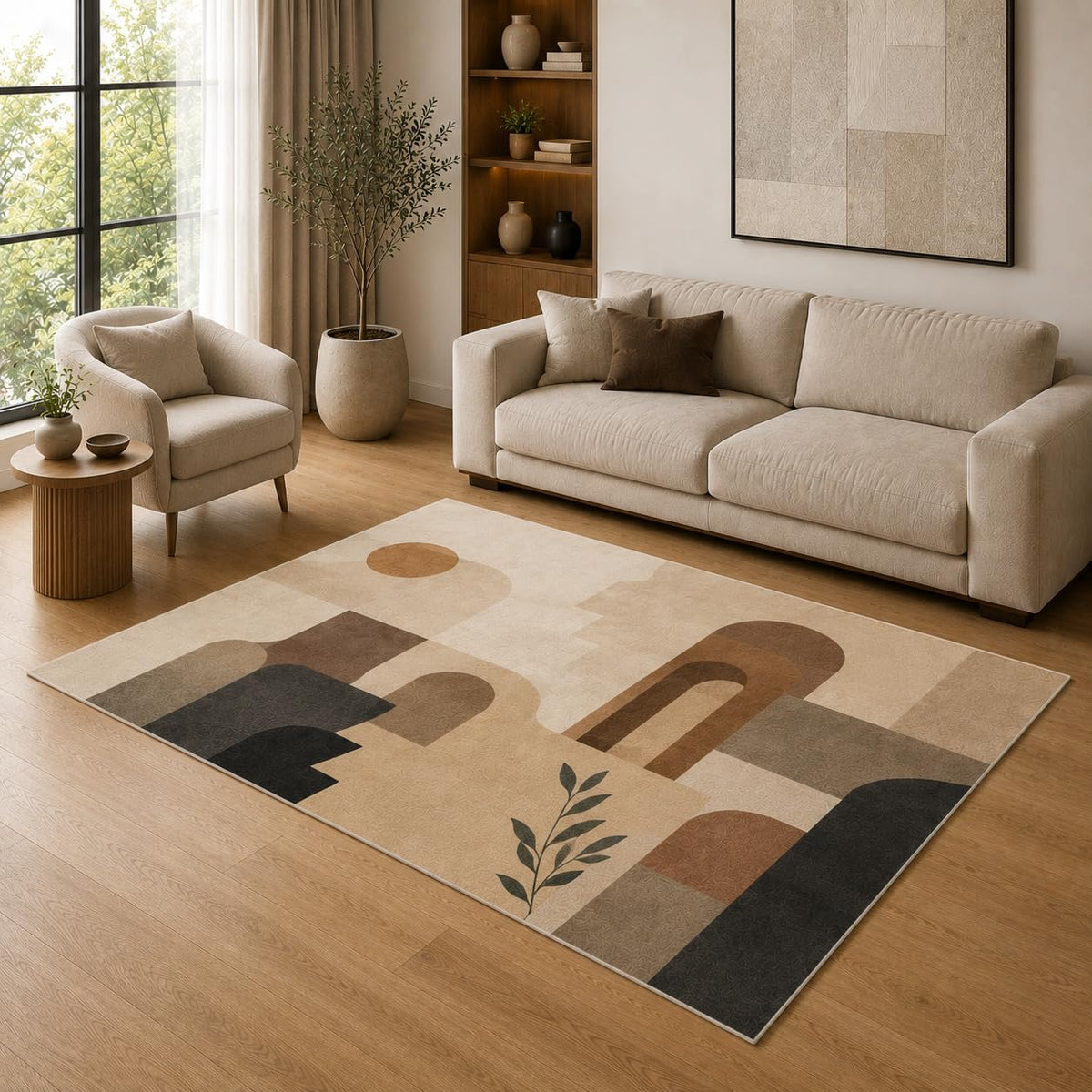 ICE ARMOR 5' x 7' Modern Abstract Arch Geometric Area Rug for Living Room, Soft Low Pile Indoor Rug with Non-Slip Silicone Backing, Decorative Carpet for Bedroom, Office, Family Room, Beige
