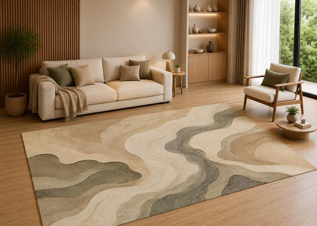ICE ARMOR 5' x 7' Neutral Abstract Marble Area Rug with Non-Slip Silicone Backing Low Pile Soft Carpet for Living Room Bedroom Modern Beige Wave Pattern Decor