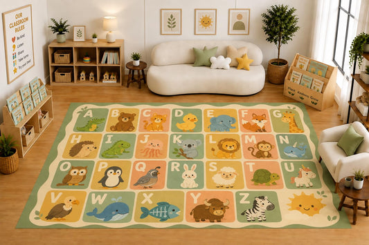 ICE ARMOR Large 6'7" x 9'10" Alphabet Animals ABC Area Rug for for Kids Room, Classroom, Bedroom, Playroom Decor, Soft Low Pile Indoor Rug with Non-Slip Silicone Backing, Green Multicolor