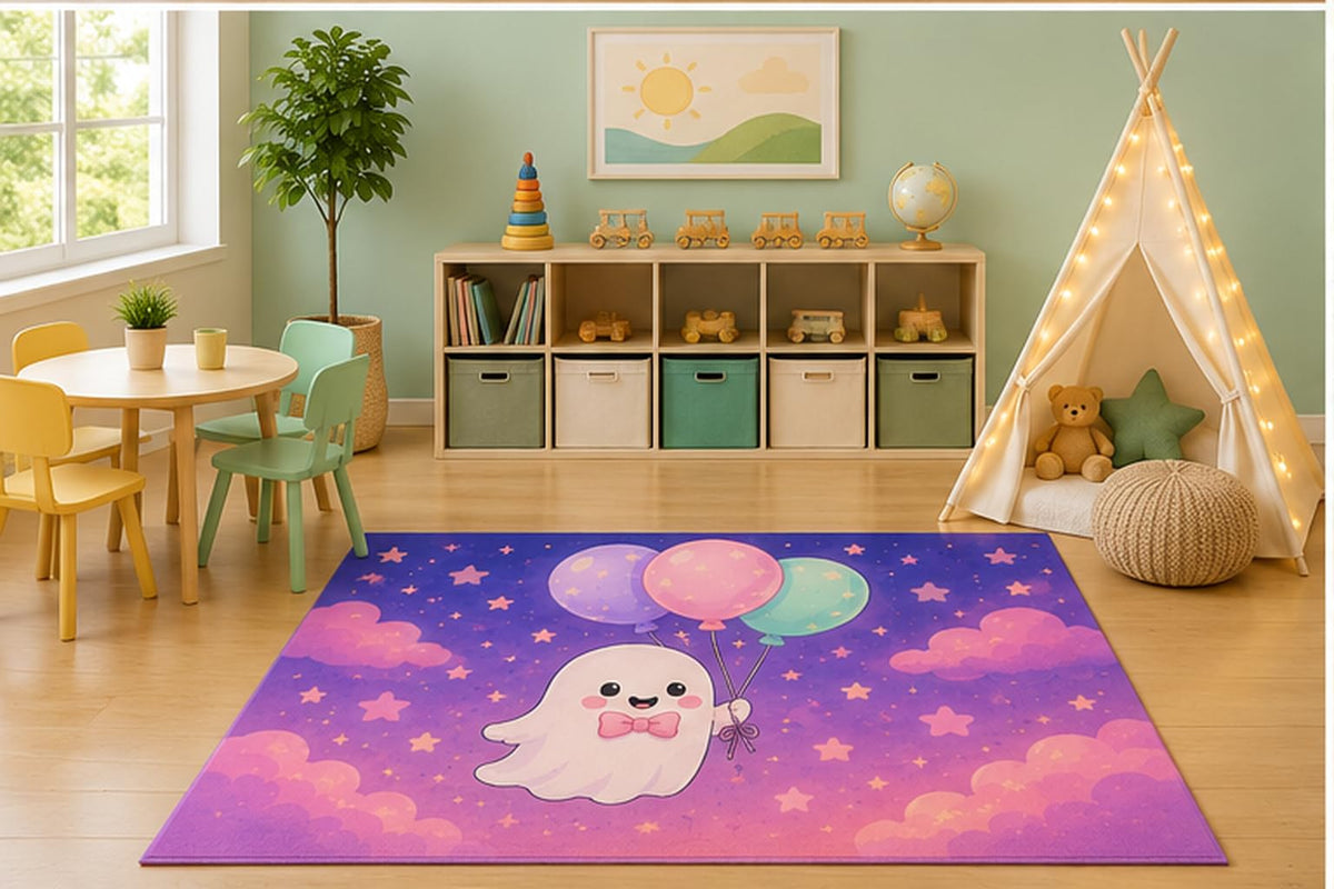 ICE ARMOR 5' x 7' Ghost Balloon Adventure Kids Area Rug, Cute Flying Ghost Pastel Balloons Kawaii Cartoon Playroom Nursery Bedroom Decor, Non-Slip Silicone Backing Low Pile
