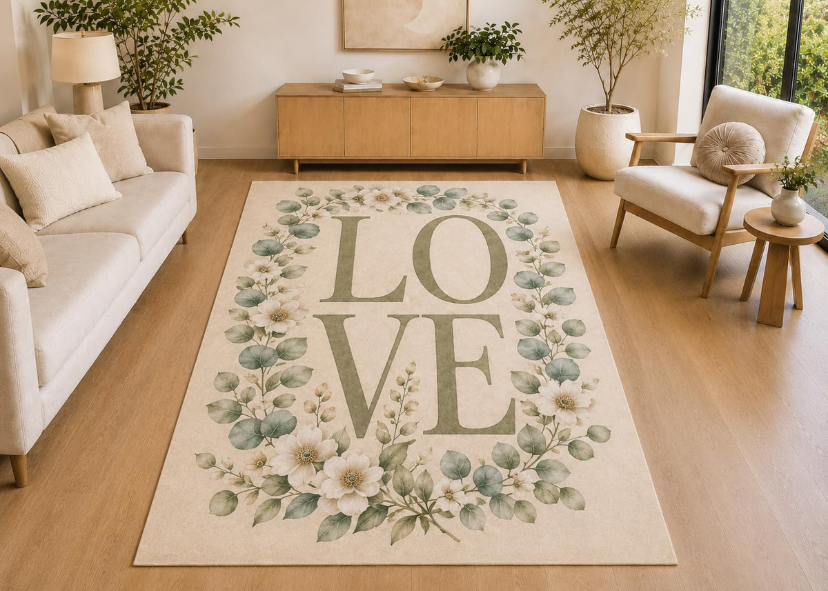 ICE ARMOR 5' x 7' Eucalyptus Floral Love Wreath Area Rug, Soft Low Pile Indoor Rug with Non-Slip Silicone Backing for Living Room, Bedroom, Office, Modern Decor, Cream Sage Green