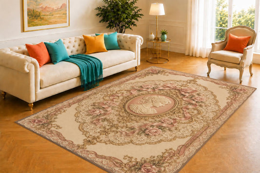 ICE ARMOR 5' x 7' Victorian Cameo Rug, Antique Medallion, Ribbon and Lace Artwork, Smooth Printed Floor Cover for Bedroom, Parlor, Study and Vintage Decor