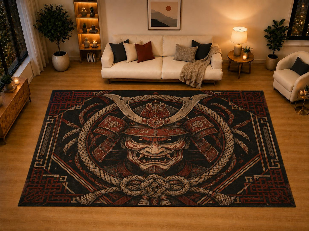 ICE ARMOR "Ultra Light Weight Large 6'7" x 9'10" Rope Demon Mask Area Rug for Living Room Bedroom Dining Area, Soft Low Pile Non-Slip Backing, Black Red Beige Japanese Decor