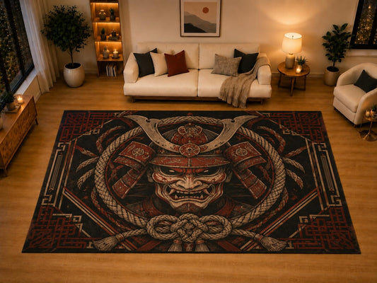 ICE ARMOR "Ultra Light Weight Large 6'7" x 9'10" Rope Demon Mask Area Rug for Living Room Bedroom Dining Area, Soft Low Pile Non-Slip Backing, Black Red Beige Japanese Decor