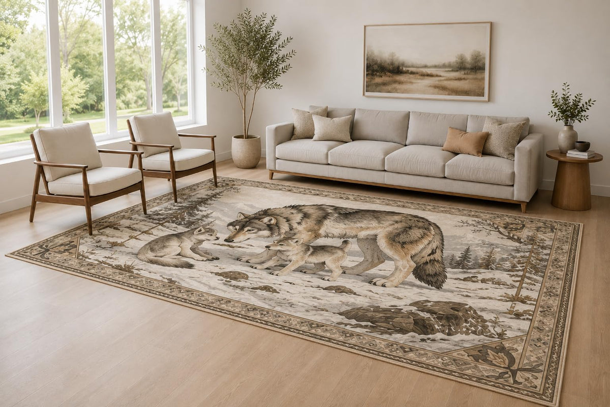ICE ARMOR Large 6'7" x 9'10" Taupe and Cream Wolf Family Accent Area Rug for Living Room, Soft Low Pile Carpet with Non-Slip Silicone Backing, Decor for Bedroom and Home Office