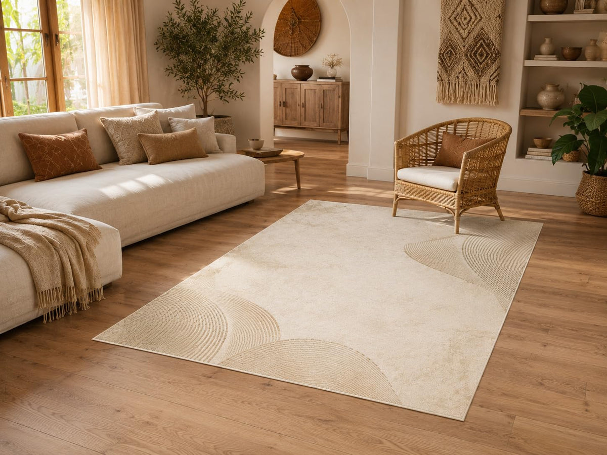 ICE ARMOR 5' x 7' Minimal Arch Pattern Area Rug, Soft Low Pile Indoor Rug with Non-Slip Silicone Backing for Living Room, Bedroom, Dining Room, Office, Beige