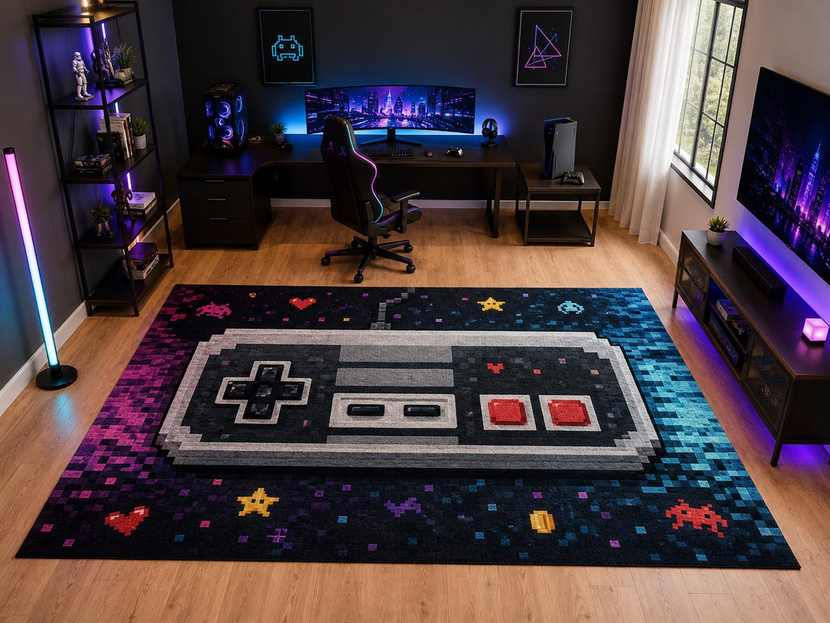 ICE ARMOR "Ultra Light Weight Large 6'7" x 9'10" Classic Game Controller Area Rug for Kids Room Playroom, Soft Low Pile Indoor Rug and Non-Slip Silicone Backing, Black