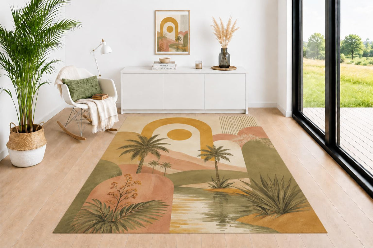 ICE ARMOR 5' x 7' Contemporary Area Rug, Artistic Brushstroke Pattern in Sage Green Mustard Terracotta Beige, Neutral Floor Carpet for Living Room Bedroom Office Decor