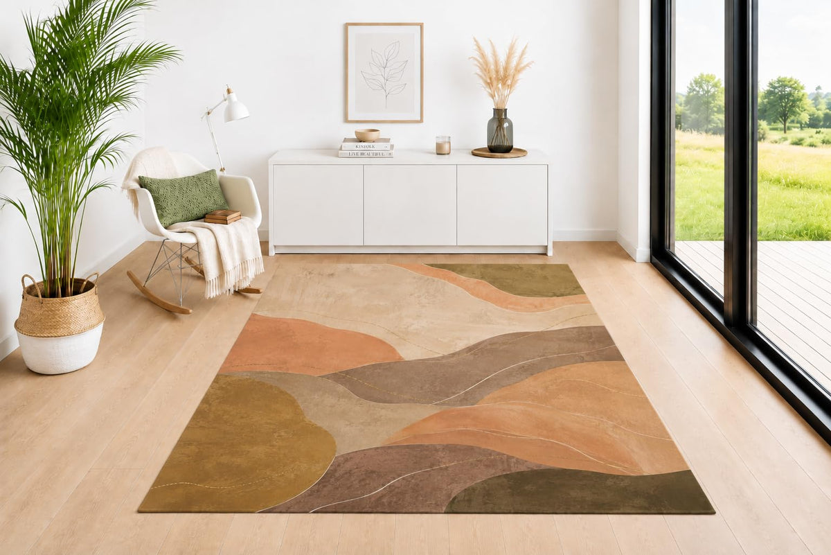 ICE ARMOR 5' x 7' Desert Waves Area Rug, Modern Earth Tone Pattern in Beige Taupe Terracotta Olive Green and Cream, Soft Low Pile Carpet for Living Room Bedroom Office Decor