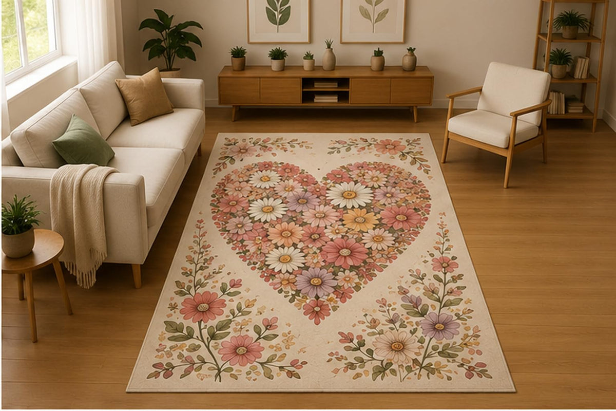 ICE ARMOR 5' x 7' Daisy Floral Heart Area Rug for Living Room, Soft Low Pile Indoor Rug with Non-Slip Silicone Backing, Decorative Carpet for Bedroom, Family Room, Nursery, Cream Pink