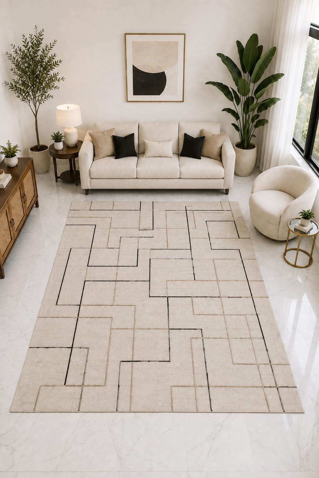 ICE ARMOR "Ultra Light Weight Large 6'7" x 9'10" Linear Maze Geometric Rug, Soft Low Pile Indoor Rug, Non-Slip Silicone Backing Living Room Beige