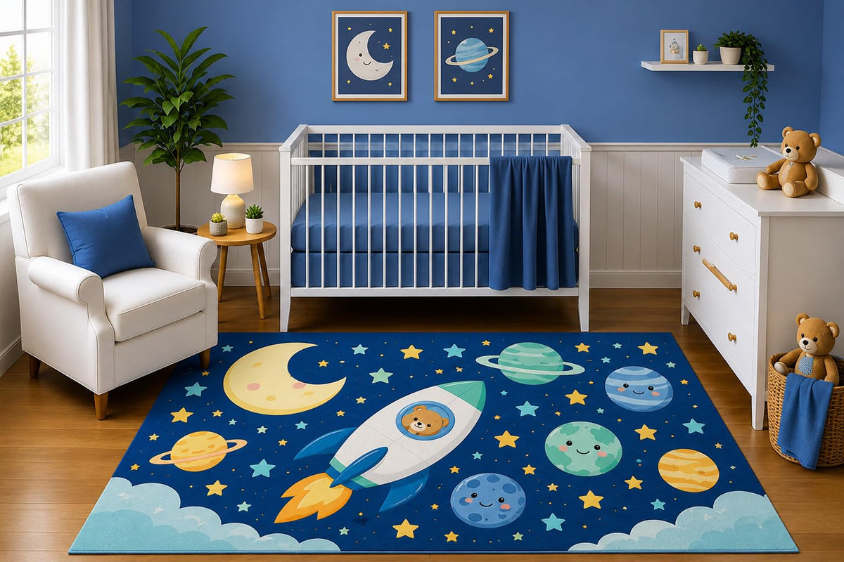 ICE ARMOR 5' x 7' Space Rocket Area Rug for Nursery Room, Cute Moon Planets Stars and Astronaut Bear Galaxy Design for Baby Boy Bedroom Decor, Non-Slip Silicone Backing Low Pile