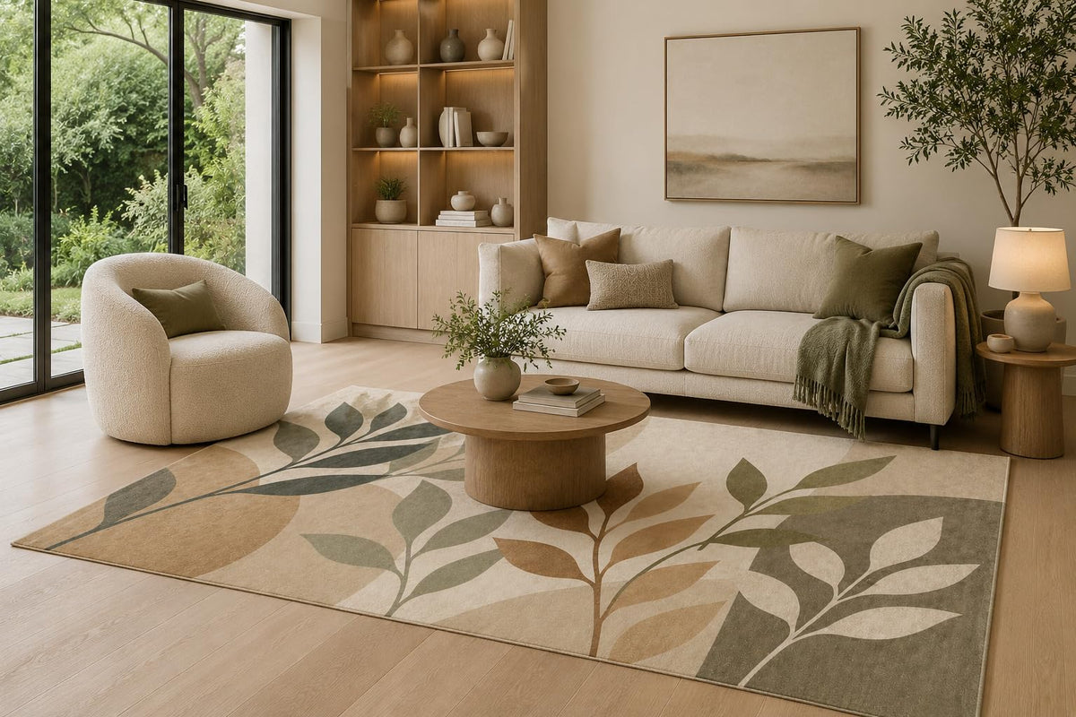 ICE ARMOR 6'7" x 9'10" Sage Green, Taupe and Cream Botanical Branches Area Rug for Living Room, Soft Low Pile Carpet with Non-Slip Backing for Bedroom, Dining Room and Office