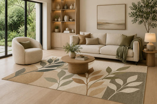 ICE ARMOR 6'7" x 9'10" Sage Green, Taupe and Cream Botanical Branches Area Rug for Living Room, Soft Low Pile Carpet with Non-Slip Backing for Bedroom, Dining Room and Office