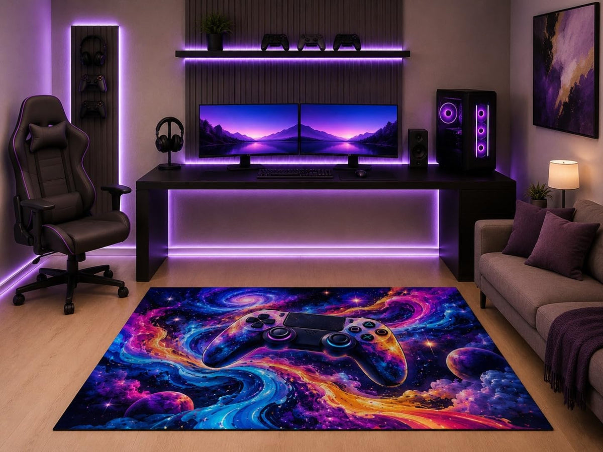ICE ARMOR 5' x 7' Galaxy Gaming Controller Area Rug Space Nebula Gamer Room Video Game Bedroom Office Modern Decor Non-Slip Silicone Backing Low Pile