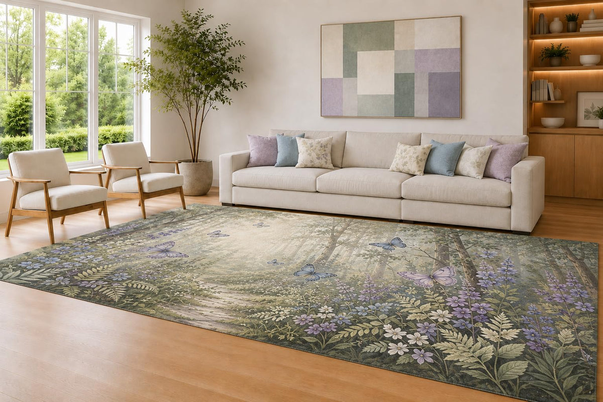 ICE ARMOR Large 6'7" x 9'10" Moss and Lavender Woodland Butterfly Area Rug for Living Room, Soft Low Pile Carpet with Non-Slip Silicone Backing, Decor for Bedroom and Home Office