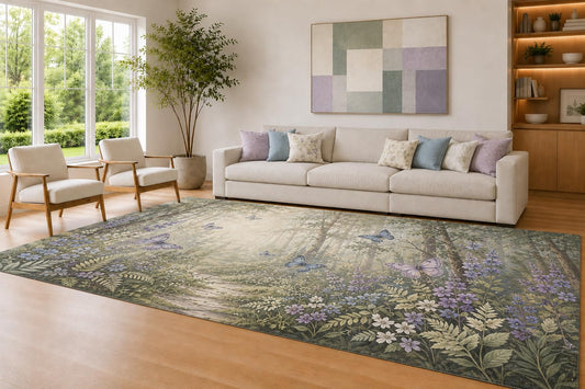 ICE ARMOR Large 6'7" x 9'10" Moss and Lavender Woodland Butterfly Area Rug for Living Room, Soft Low Pile Carpet with Non-Slip Silicone Backing, Decor for Bedroom and Home Office