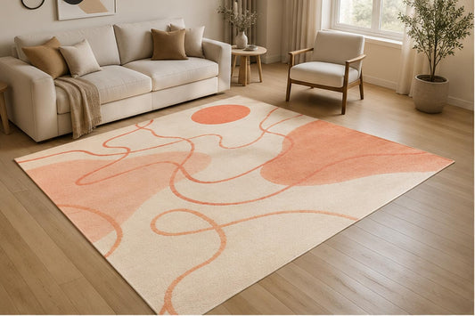 ICE ARMOR 5' x 7' Modern Abstract Line Art Area Rug for Living Room, Soft Low Pile Indoor Rug with Non-Slip Silicone Backing, Decorative Carpet for Bedroom, Dining Room, Office, Coral Peach Ivory