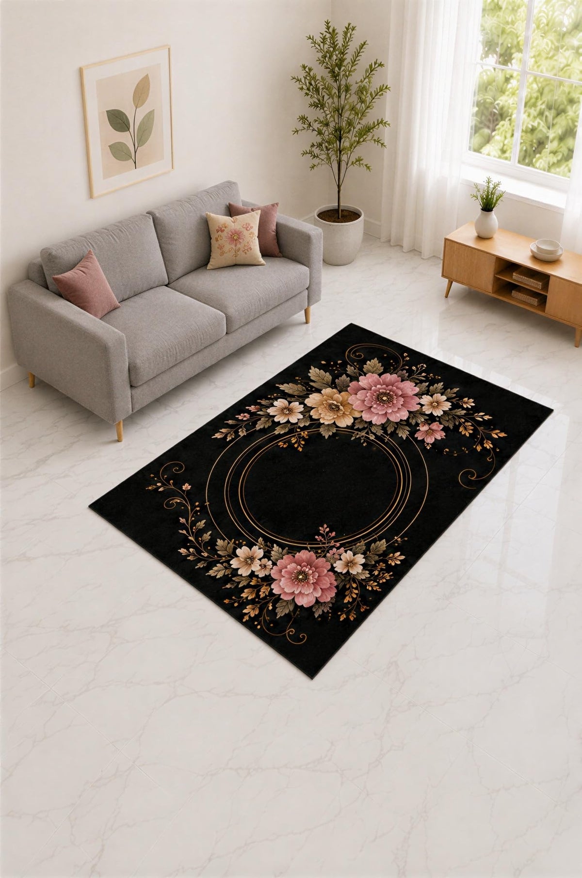 ICE ARMOR "Ultra Lightweight 5' x 7' Black and Coral Romantic Garland Area Rug for Living Room, Bedroom and Home Office, Soft Low Pile Carpet with Non-Slip Silicone Backing