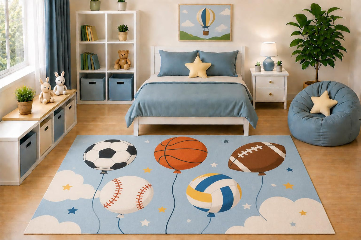 ICE ARMOR 5' x 7' Kids Area Rug Sports Balloon Theme Rug Soccer Basketball Football Baseball Volleyball Bedroom Playroom Decor Non-Slip Silicone Backing Low Pile